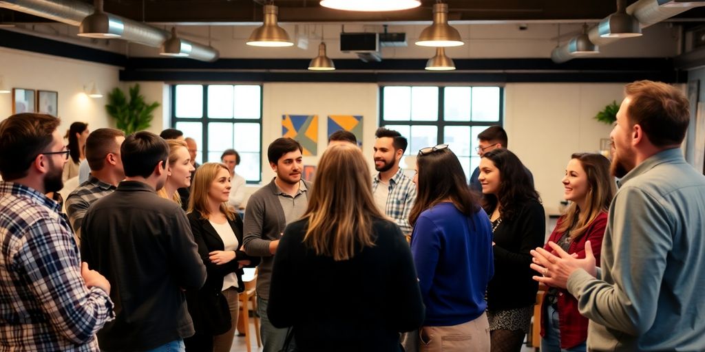 Group of people networking in a bright community space.