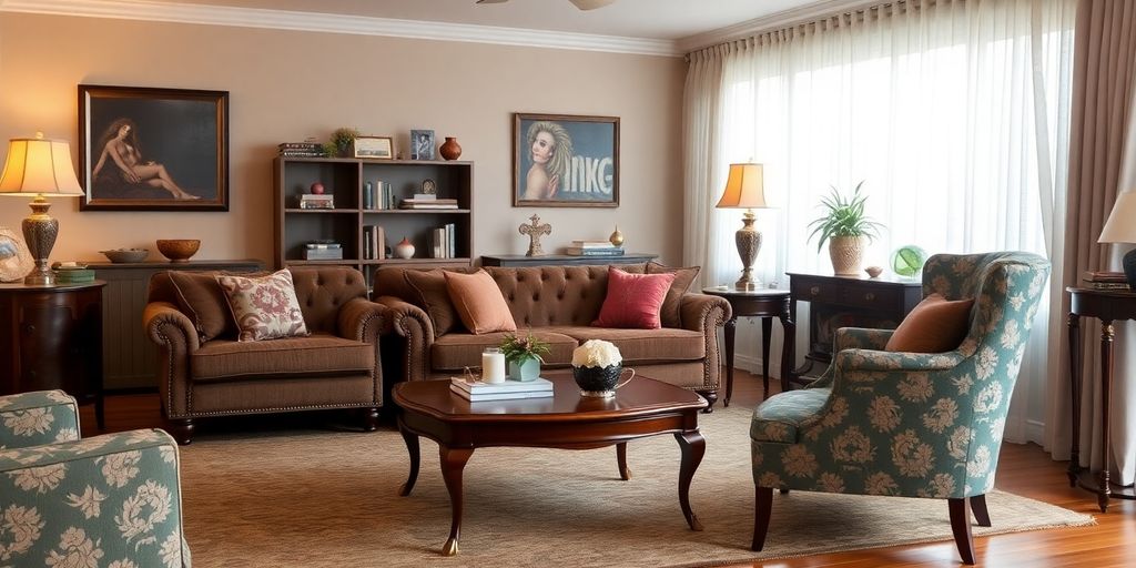 Sofá retrô e cadeira vintage em sala elegante.