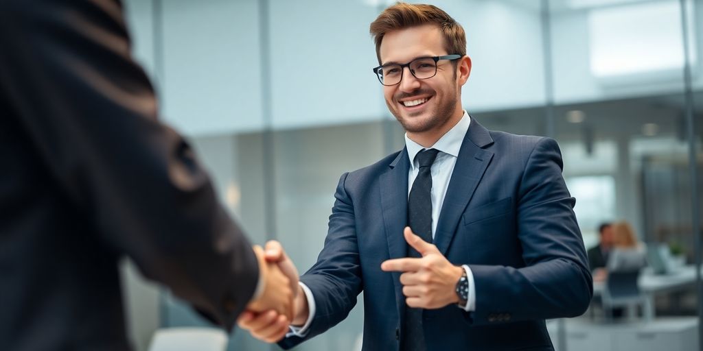 Man in suit smiling, shaking hands.