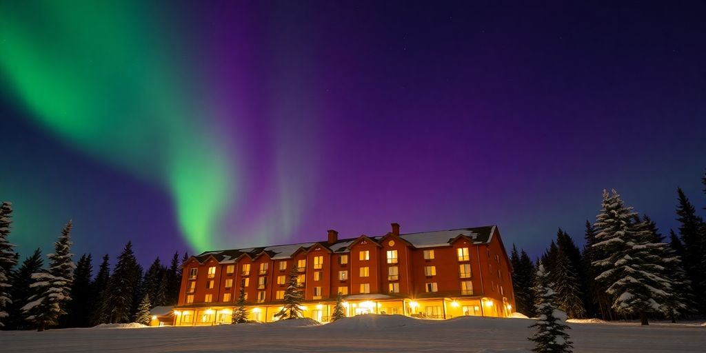 A cozy hotel in Fairbanks, Alaska under the Northern Lights.