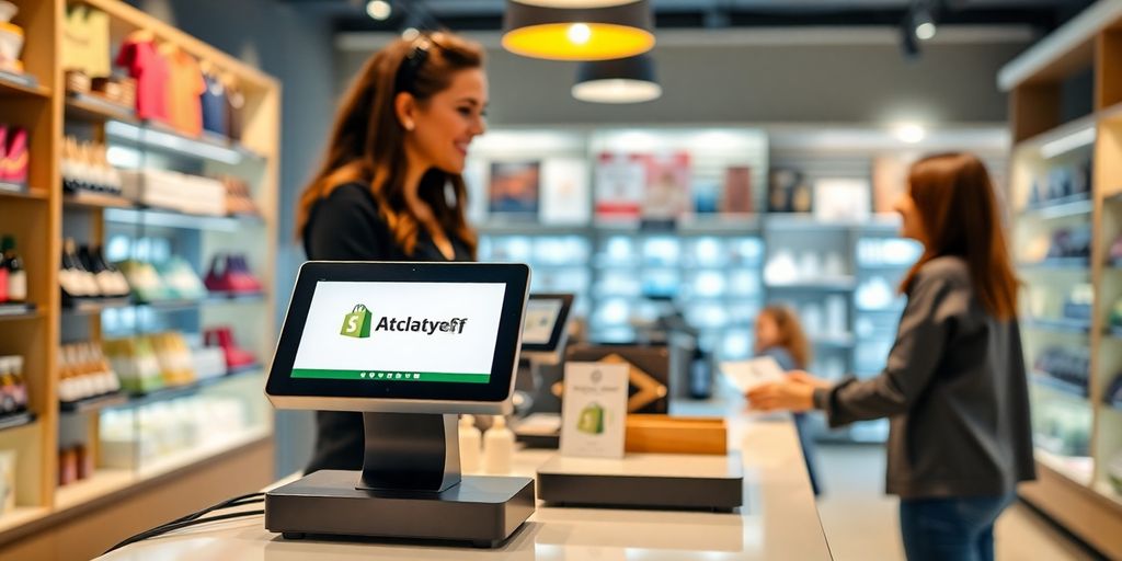 Shopify POS terminal in a modern retail setting.