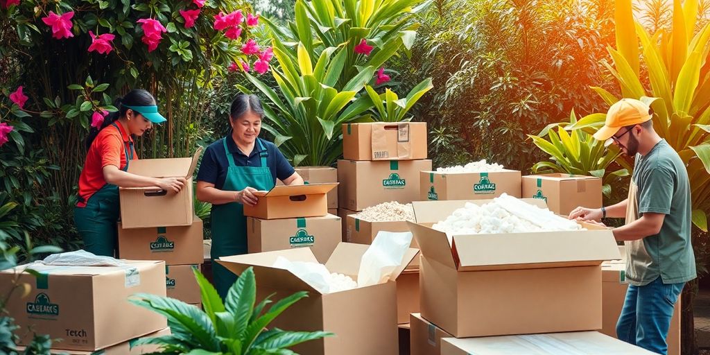 Eco-friendly packing with recycled materials and greenery.