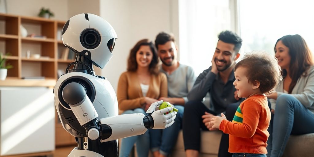Humanoid robot interacting with diverse family.