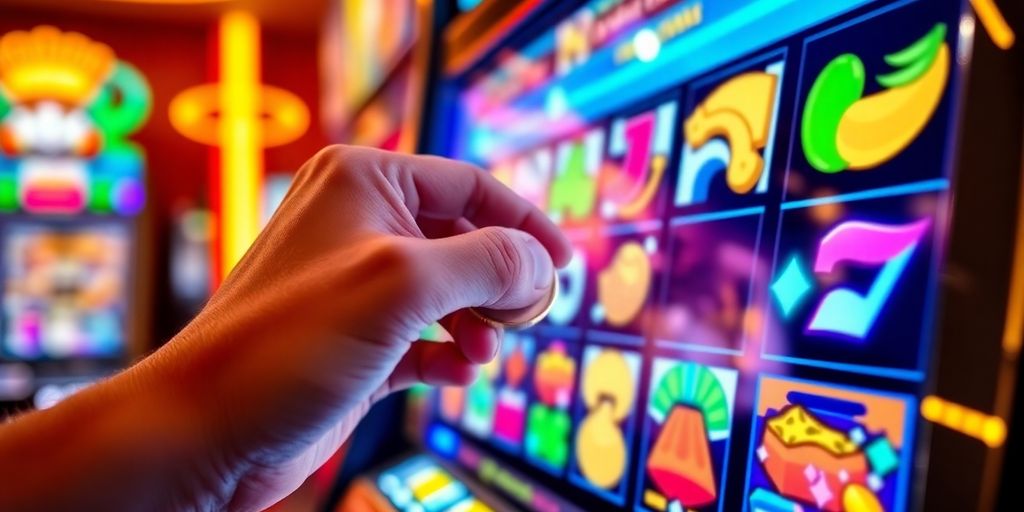 Hand playing online pokies with colorful machine lights.