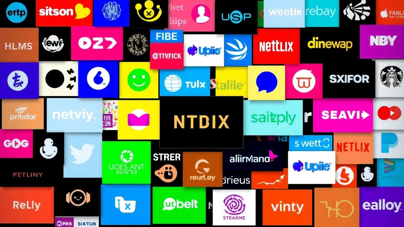 Diverse entertainment icons and streaming logos in a dynamic arrangement-IPTV Subscription Plans 2026.