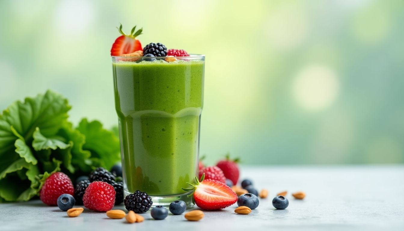 A green smoothie with leafy greens and berries.