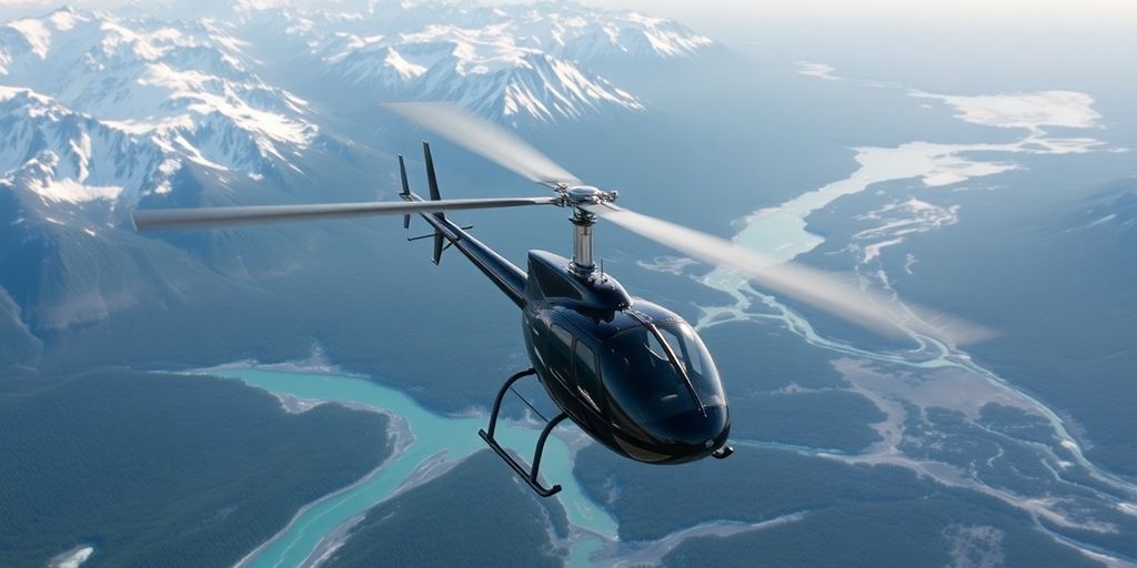 A helicopter flies over majestic, snow-capped Alaskan mountains and glaciers.