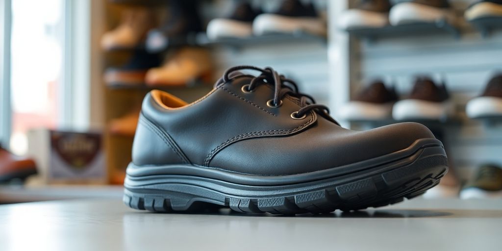 Comfortable work shoes in a shoe store aisle.