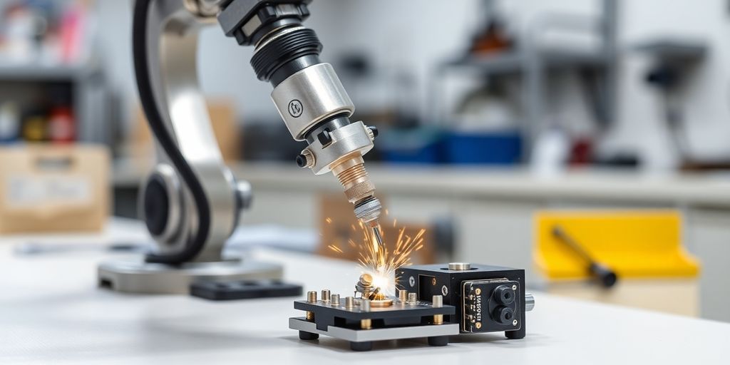 Robotic arm assembling small manufactured parts.