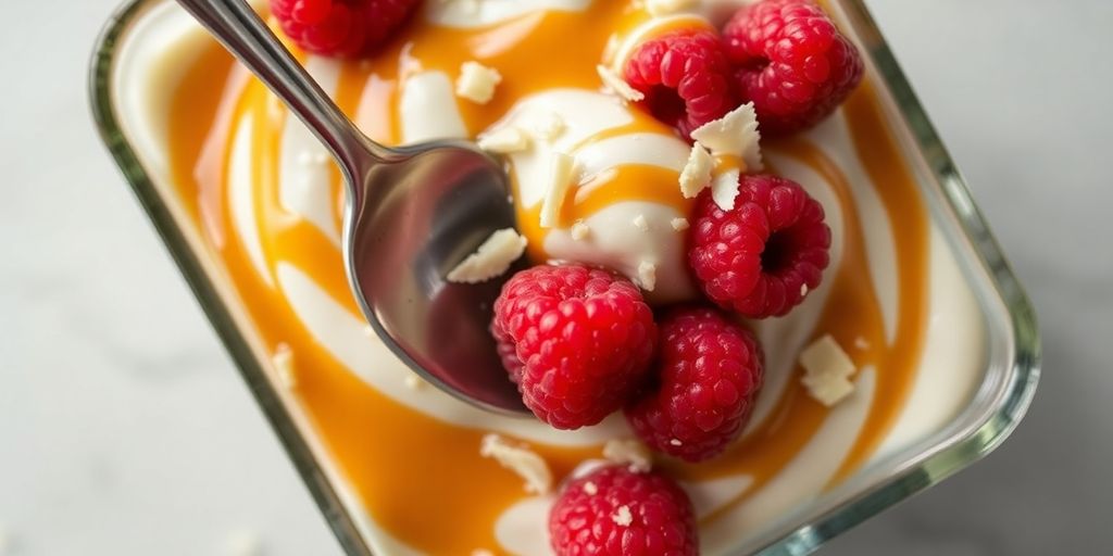 Creamy layered frozen dessert with caramel, raspberries, and chocolate.