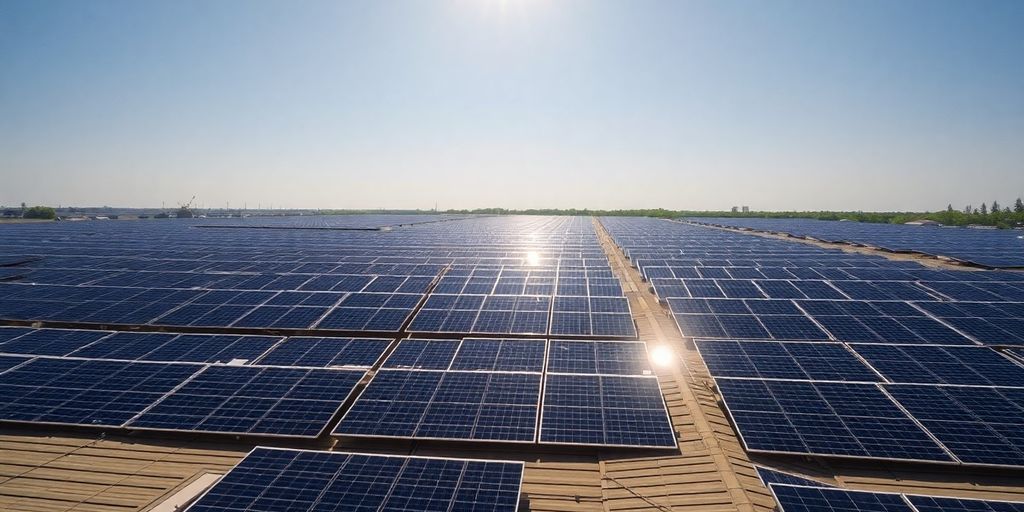Panneaux solaires sur un toit sous un ciel bleu.