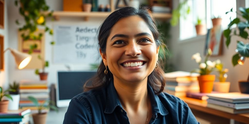 Smiling woman in a bright office, embodying warmth and passion.