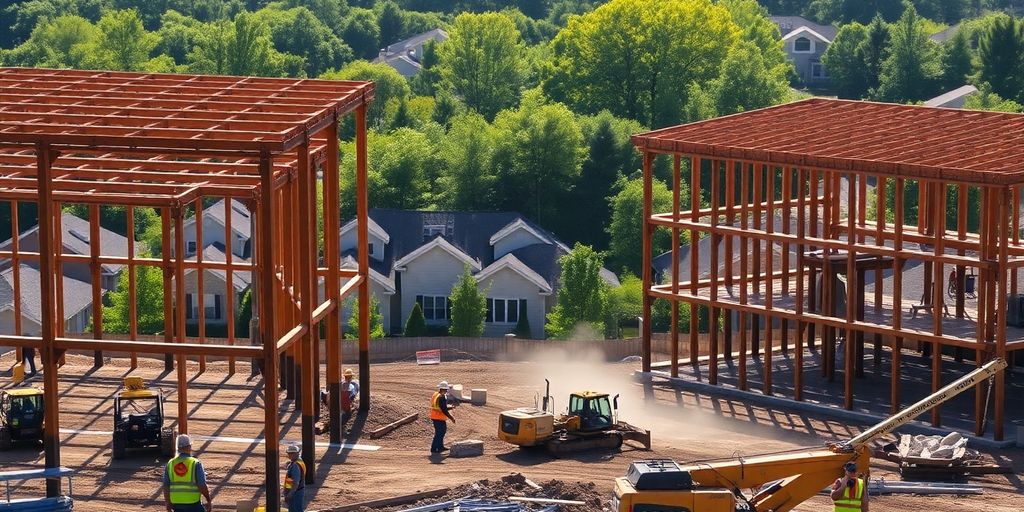 Construction site with workers and equipment.