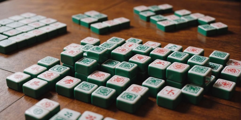 Mahjong tiles set with accessories on a wooden table.