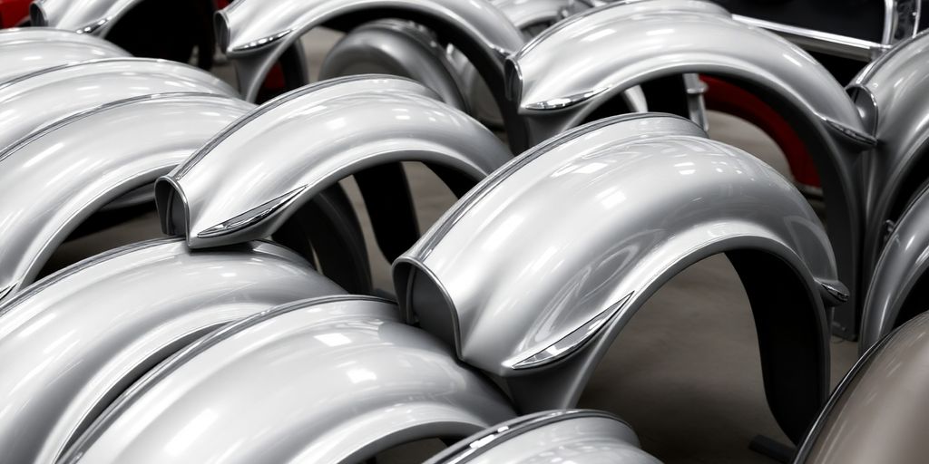 Chrysler car parts arranged neatly.