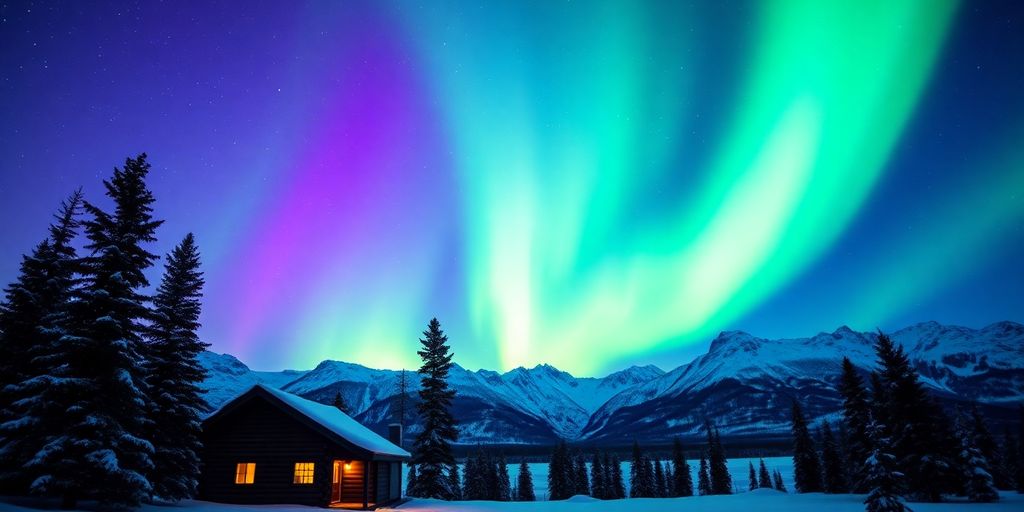 Green aurora borealis over a snowy Alaskan cabin and mountains.