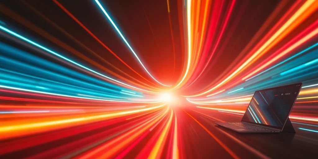 Futuristic devices and glowing light trails.