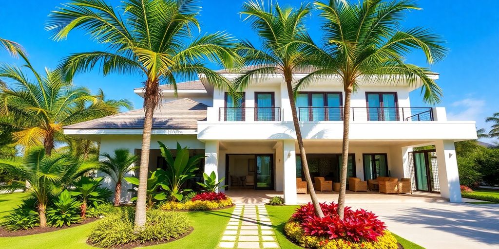 Modern house in Thailand with tropical garden and blue sky.