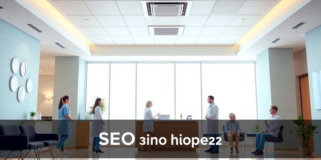 Interior de clínica moderna con recepción acogedora y pacientes.