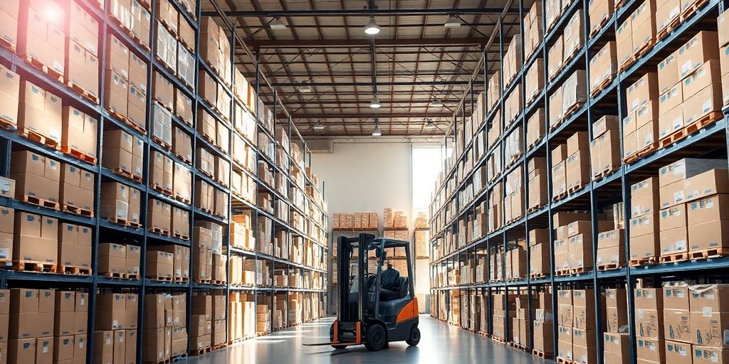 Modern warehouse interior with organized shelves and forklifts.