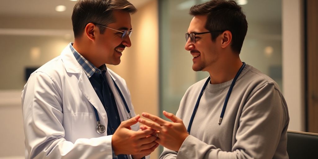 Doctor and patient discussing AI in a healthcare setting.