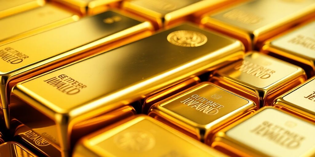 Des barres d'or brillantes empilées sur un fond neutre.
