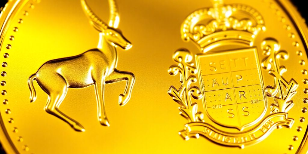 Une pièce d'or Krugerrand brillante, gros plan, avec un springbok.