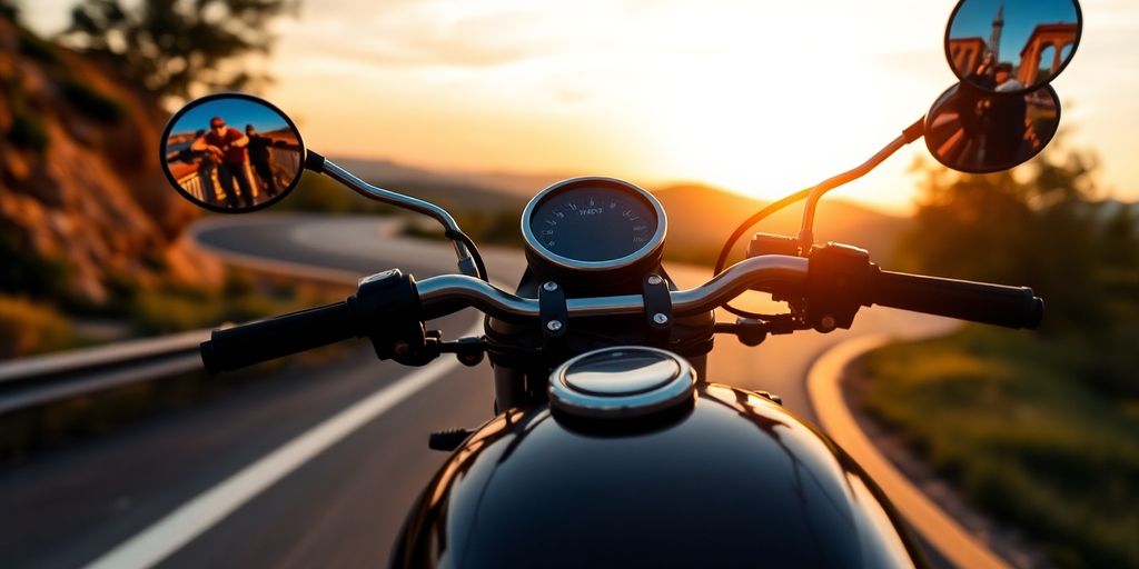 Close-up of a motorcycle on a winding road.