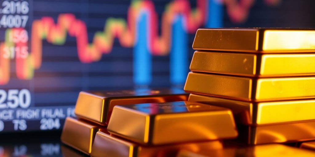 Lingots d'or empilés, graphiques financiers superposés