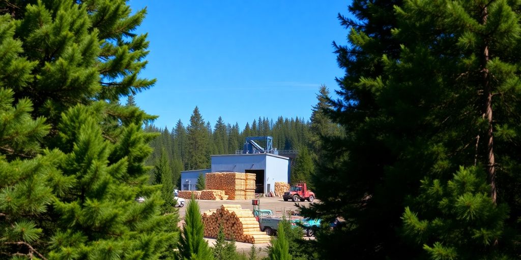 Forest panorama with timber and sawmill