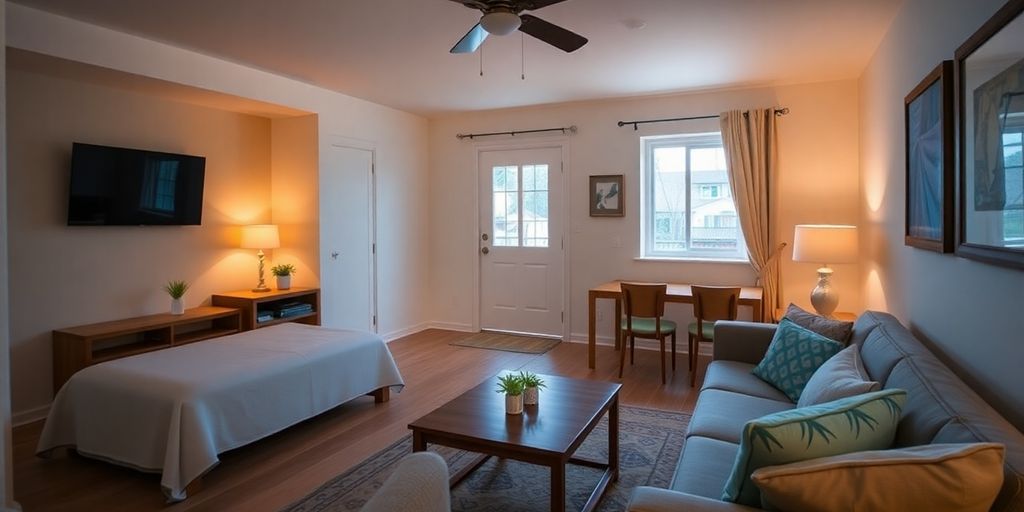 Intérieur accueillant d'une location de vacances sécurisée.