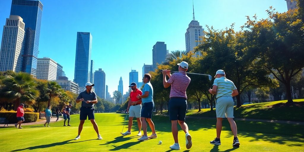 Urban golfers playing in a city park with skyscrapers.