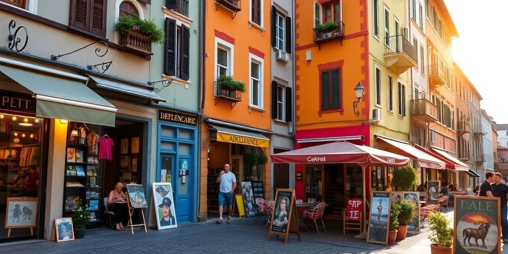 Colorful street scene in a lesser-known European city.