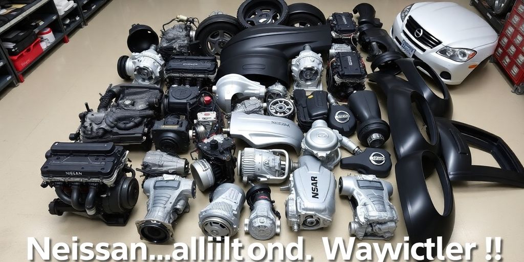 Nissan car parts laid out.