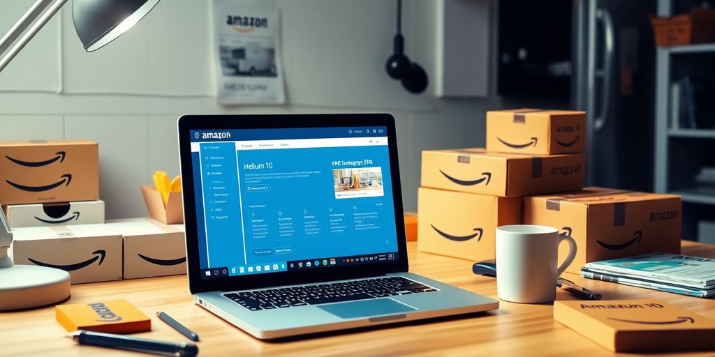 Helium 10 workspace with Amazon product boxes and laptop.