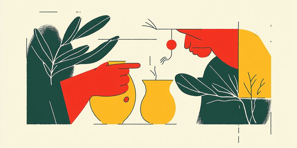 Colorful abstract illustration featuring vases and stylized figures.