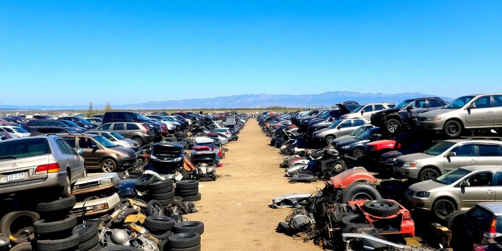 Mitsubishi wreckage yard, auto parts, outdoor scene.