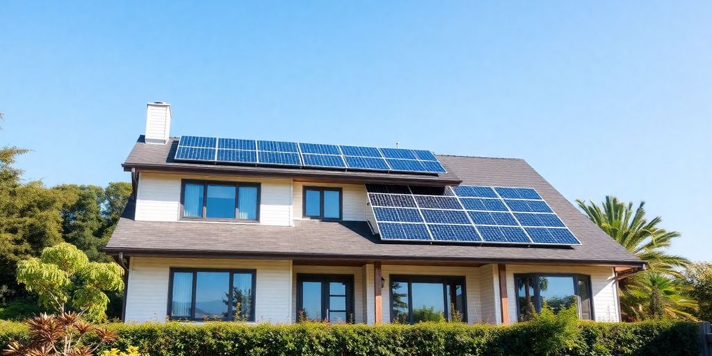 Home with solar panels and greenery under a clear sky.