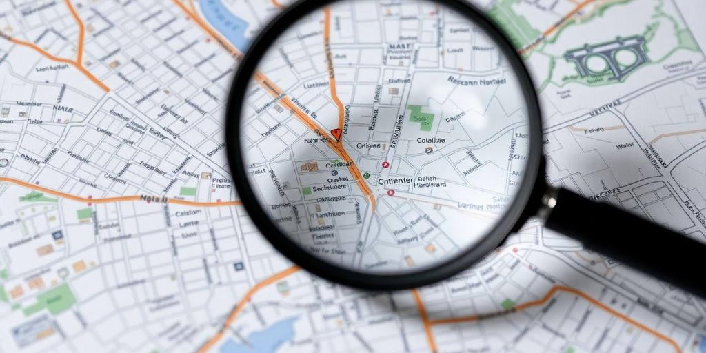 Magnifying glass over a city map.
