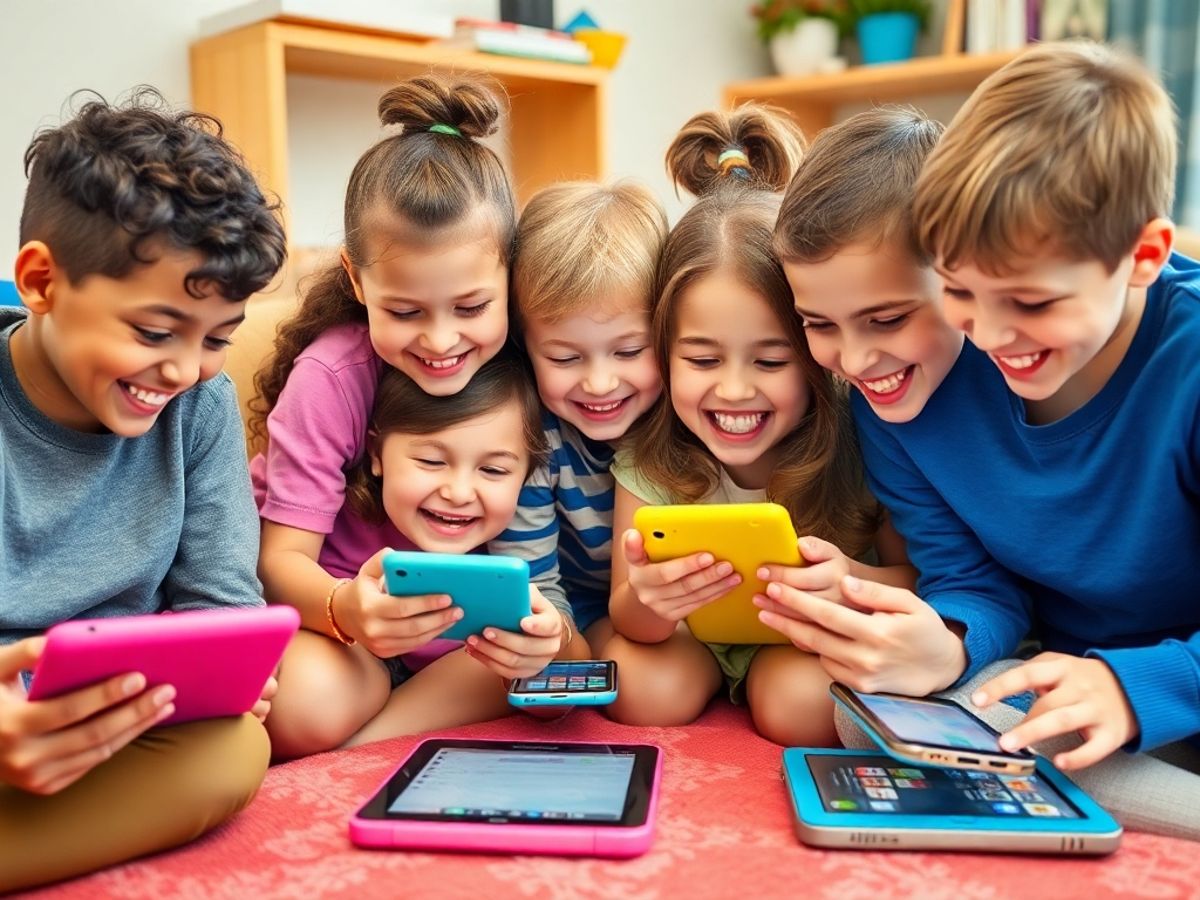 Copii fericiți folosind aplicații mobile educaționale.