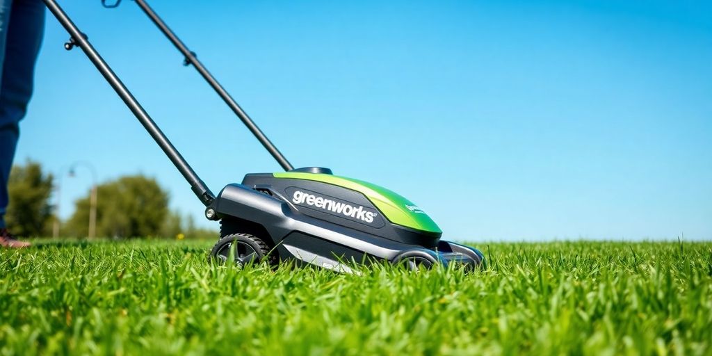 Greenworks 60V cordless mower in action on a lawn.