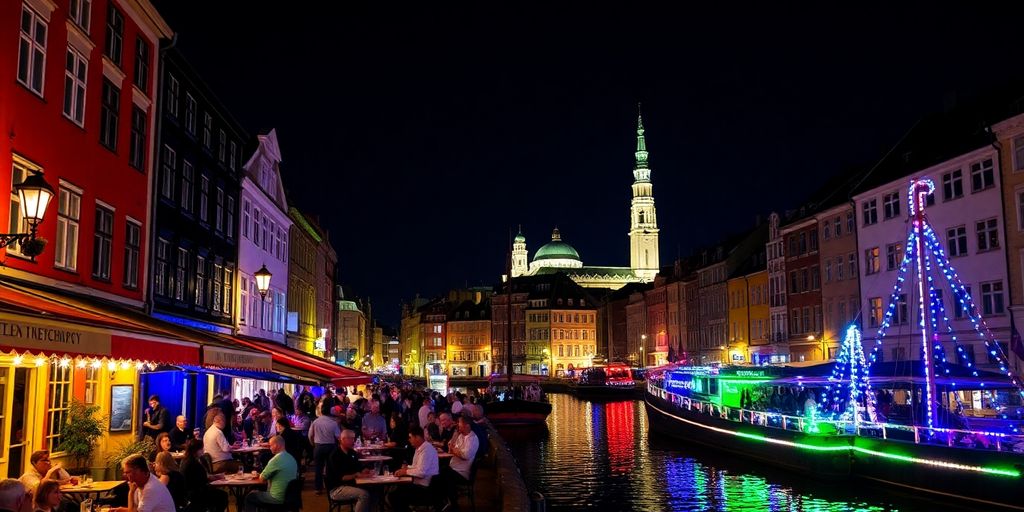 Lebhaftes Nachtleben in Kopenhagen mit bunten Lichtern.