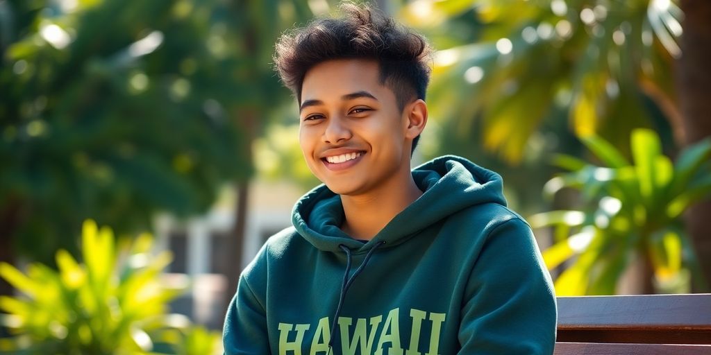 Cozy student in University of Hawaii hoodie.