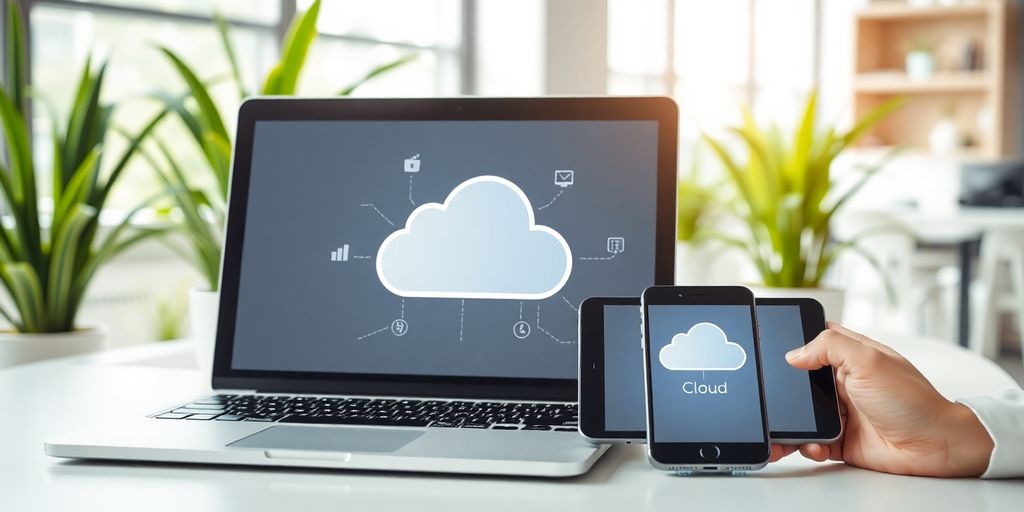 Small business workspace with devices connected to cloud technology.