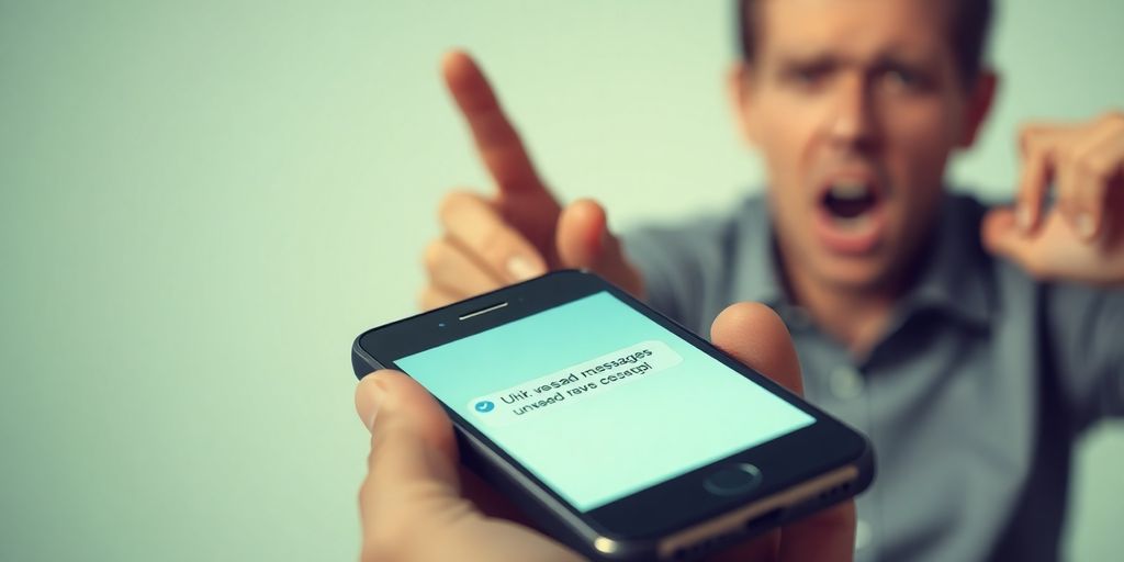 Téléphone avec SMS indésirable et personne frustrée à proximité.