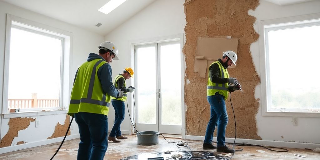 Workers repairing water-damaged home interior.