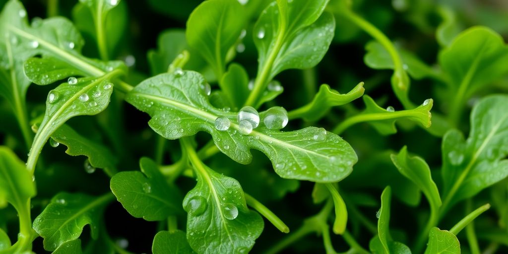 Frischer Rucola mit Wassertropfen im Garten.