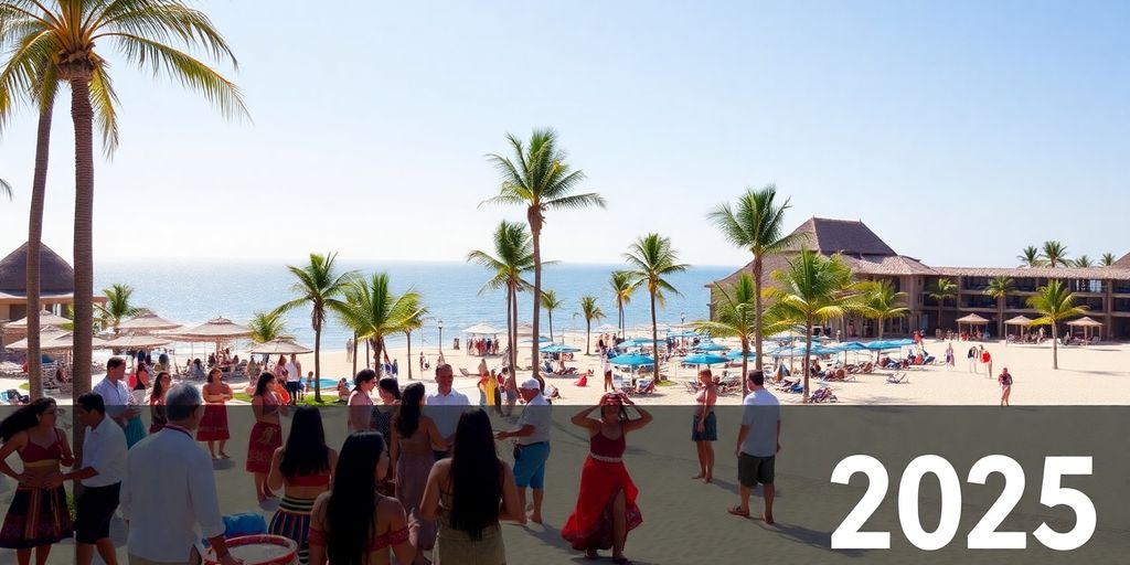 Cabo resort with palm trees and guests enjoying cultural activities.