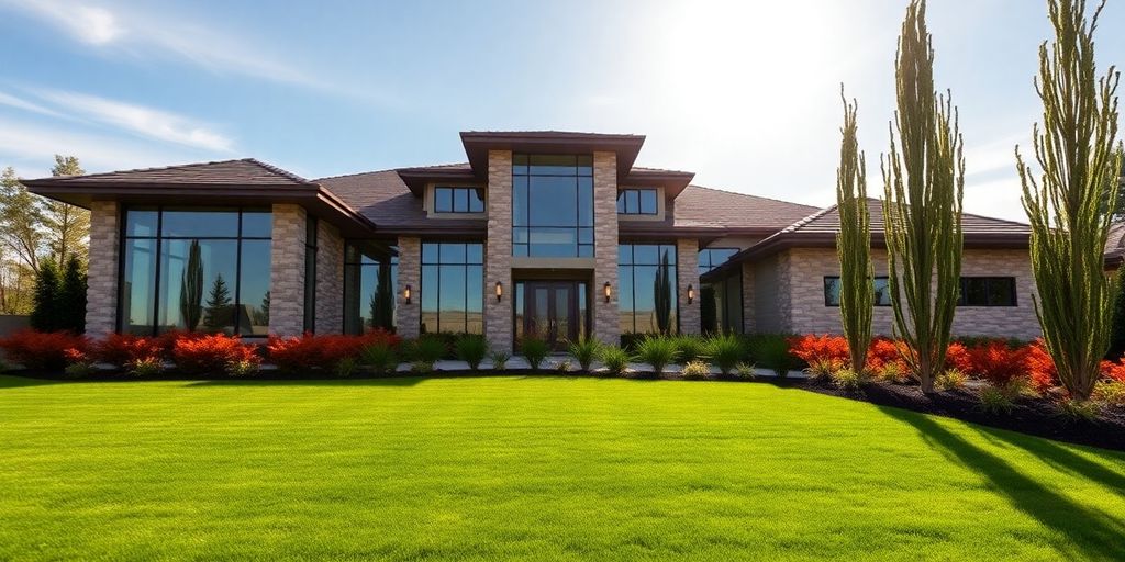 Modern custom home, large windows, lush landscaping.
