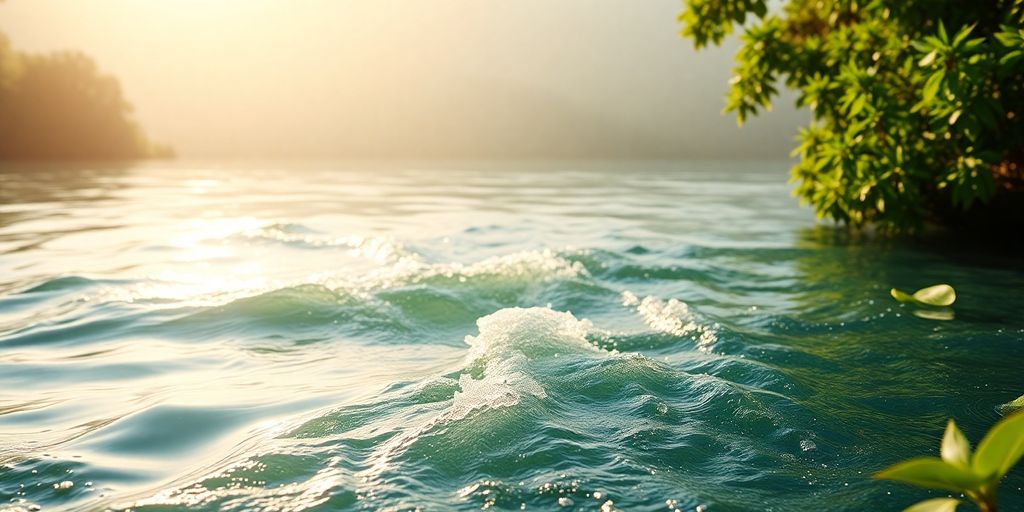 Serene landscape with flowing water and vibrant greenery.